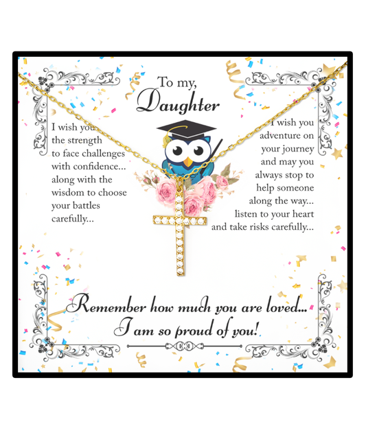 Daughter Crystal Gold Cross Necklace Graduation Gift, Gift Message Card For Daughter, Gift For Daughter, Graduation Gift To My Daughter