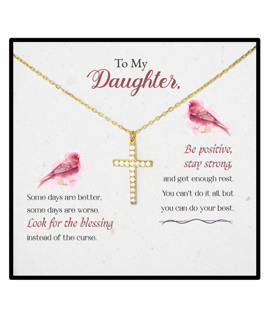 To My Strong Daughter, Crystal Gold Cross Necklace For Daughter, Best Gift To My Daughter, Jewelry Message Card For Daughter