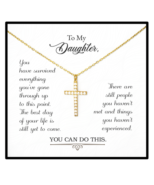 Crystal Gold Cross Necklace To Daughter, Encouragement Gift For Daughter, Daughter Necklace Gift, Message Gift Card To My Daughter