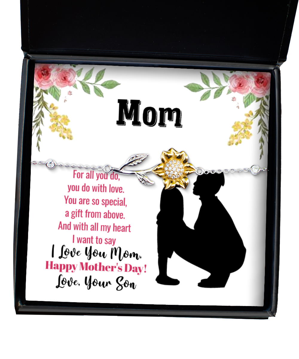 Happy Mother's Day Message Card, Sunflower Bracelet For Mom, Appreciation Gift To Mom From Son, Mom Jewelry Gift, I Love You Mom