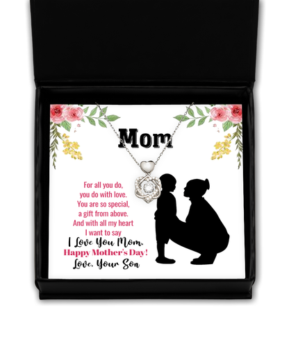 Happy Mother's Day Message Card, Heart Knot Silver Necklace For Mom, Appreciation Gift To Mom From Son, Mom Jewelry Gift, I Love You Mom