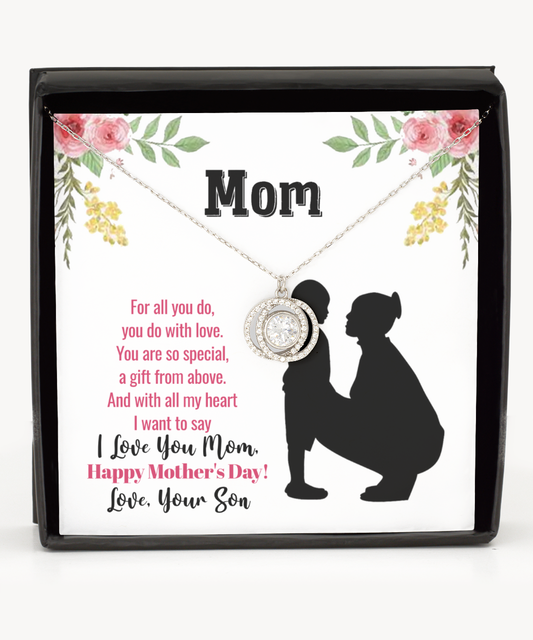 Happy Mother's Day Message Card, Double Crystal Circle Necklace For Mom, Appreciation Gift To Mom From Son, Mom Jewelry Gift, I Love You Mom