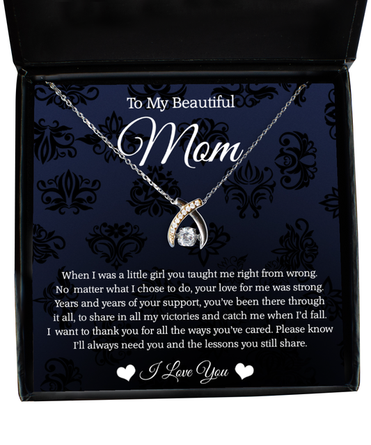 To My Beautiful Mom, Wishbone Dancing Necklace For Mom, Thank You Gifts From Daughter To Mom, Mom Jewelry, Mother's Day Gift To Mom