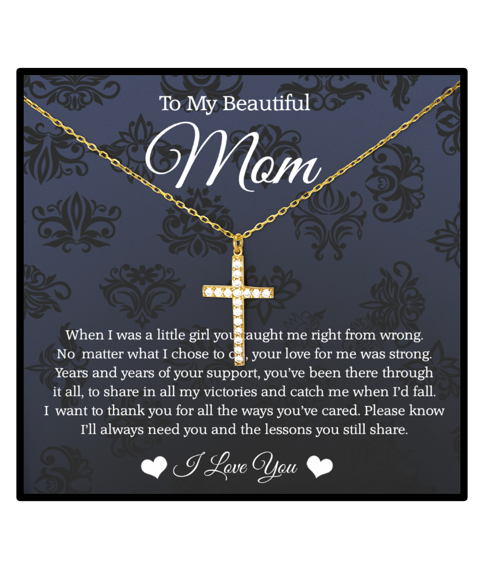 To My Beautiful Mom, Crystal Gold Cross Necklace For Mom, Thank You Gifts From Daughter To Mom, Mom Jewelry, Mother's Day Gift To Mom