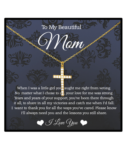 To My Beautiful Mom, Crystal Gold Cross Necklace For Mom, Thank You Gifts From Daughter To Mom, Mom Jewelry, Mother's Day Gift To Mom