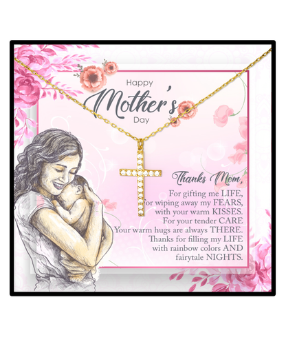 Happy Mother's Day Gift, Crystal Gold Cross Necklace For Mother, Thank You For Everything Gift For Mother, Gift With Love To My Mother