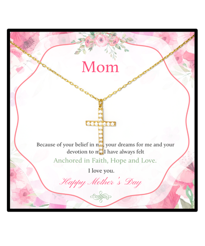 Happy Mother's Day Mom, Crystal Gold Cross Necklace For Mom, Appreciation Gift To Mom From Daughter, Mom Jewelry Gift, I Love You Mom