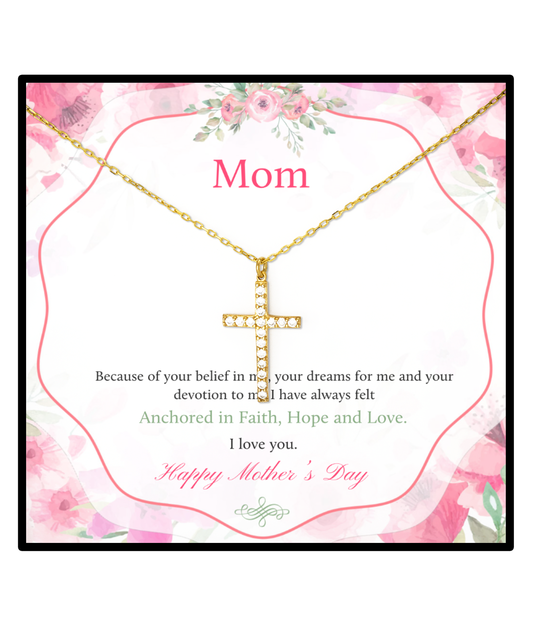 Happy Mother's Day Mom, Crystal Gold Cross Necklace For Mom, Appreciation Gift To Mom From Daughter, Mom Jewelry Gift, I Love You Mom