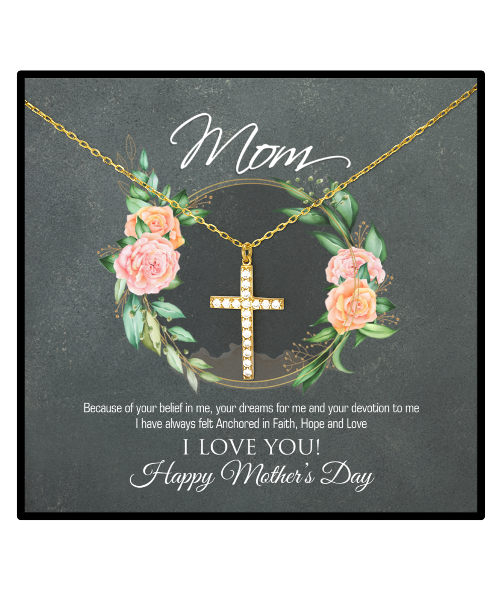 Happy Mother's Day Mom, Crystal Gold Cross Necklace For Mom, Appreciation Gift To Mom From Daughter, Mom Jewelry Gift, I Love You Mom