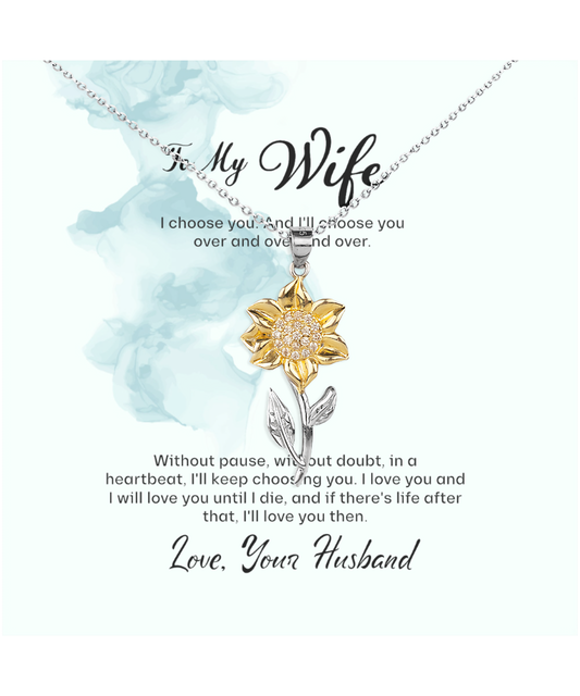 Husband to Wife Gift, Sunflower Pendant Necklace To My Wife, Wedding Anniversary Gift For Wife, Message Card Jewelry For Wife