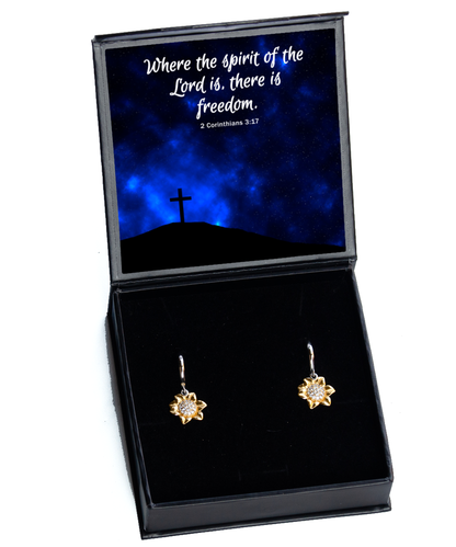 Where The Spirit of The Lord Gift, Bible Verse Gift, Sunflower Earrings For Her, 2 Corinthians 3:17 Jewelry, Christian Gift