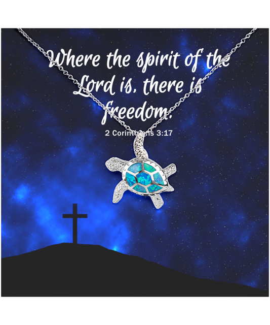 Where The Spirit of The Lord Gift, Bible Verse Gift, Opal Turtle Necklace For Her, 2 Corinthians 3:17 Jewelry, Christian Gift