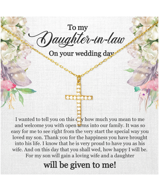 To My Daughter-In-Law, Crystal Gold Cross Necklace For Daughter-In-Law, Welcome Gift For Daughter-In-Law, Jewelry Gift On Wedding Day