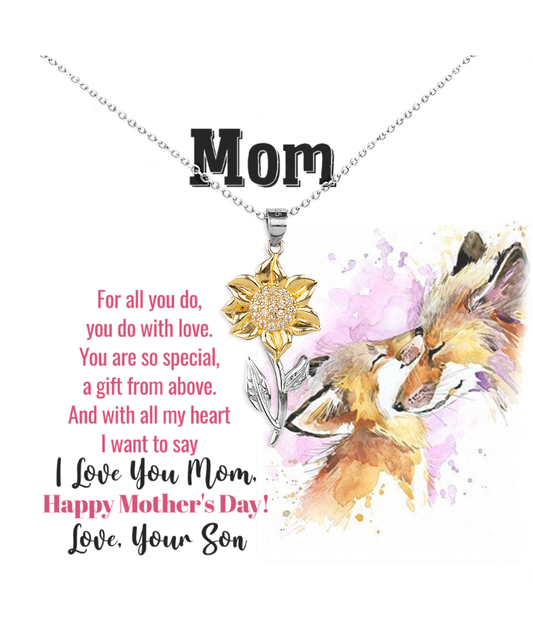 I Love You Mom, Happy Mother's Day Jewelry, Sunflower Pendant Necklace For Mom, Mom Necklace Gift, Appreciation Gift From Son To Mom