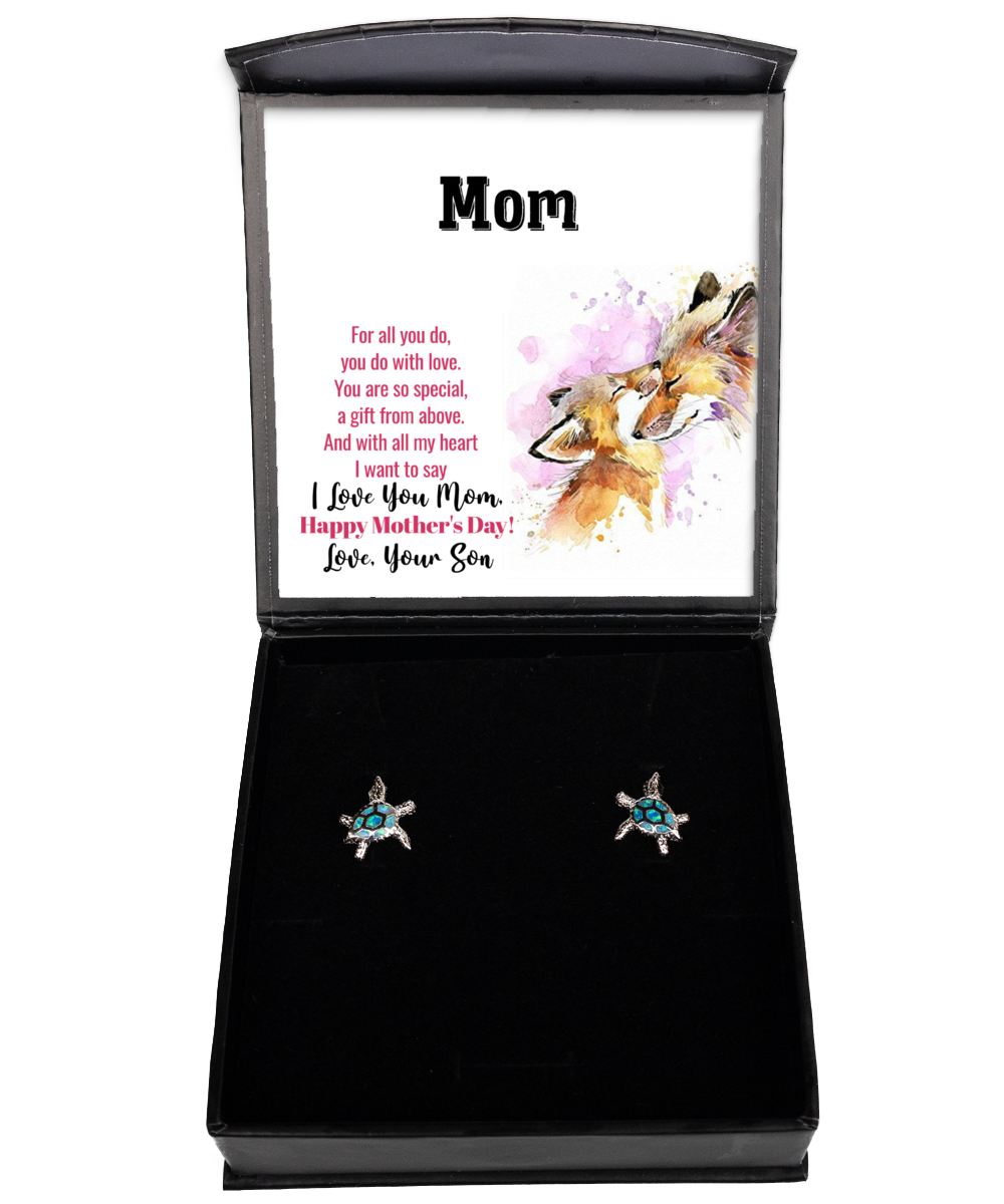 I Love You Mom, Happy Mother's Day Jewelry, Opal Turtle Earrings For Mom, Mom Earrings Gift, Appreciation Gift From Son To Mom