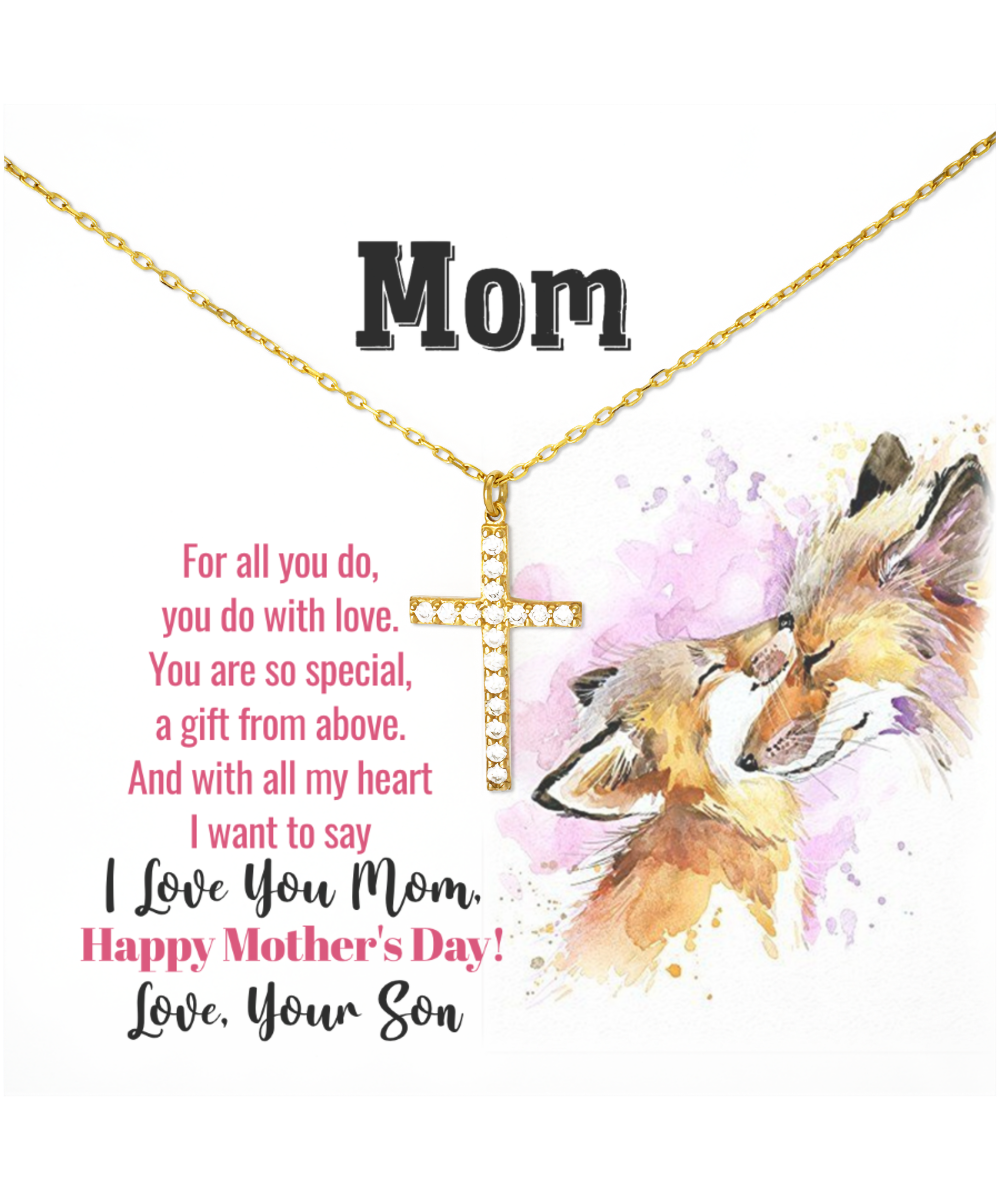 I Love You Mom, Happy Mother's Day Jewelry, Crystal Gold Cross Necklace For Mom, Mom Necklace Gift, Appreciation Gift From Son To Mom