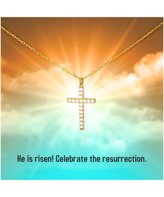 He is Risen Gift, Easter Crystal Gold Cross Necklace, Easter Sunday Gift, Faith Jewelry, Christian Gift For Her, Religious Gift From Parents