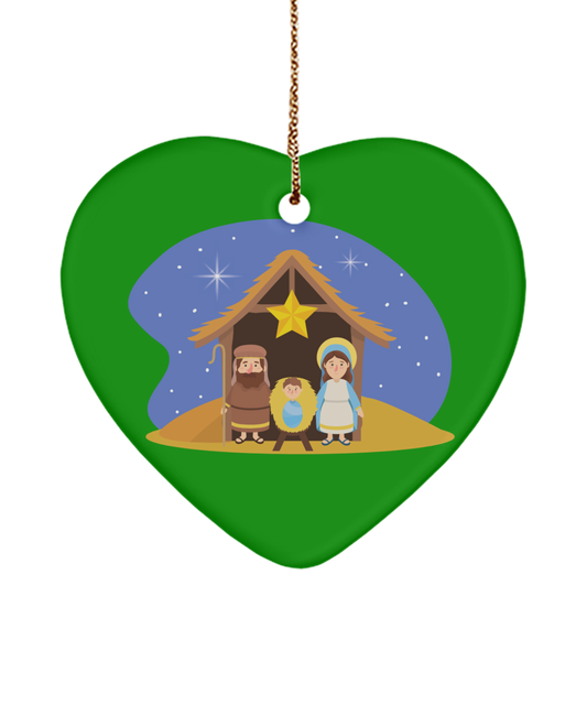 Cute Nativity Scene Ornament, Heart Shaped Christmas Ornament, Christian Christmas Gift Ideas, Manger Ornaments - Green Heart Ornament