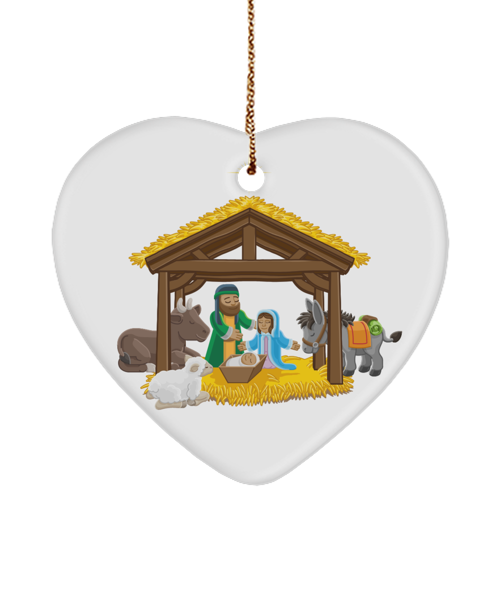 Cartoon Nativity Scene Ornament, Christian Christmas Tree Decor, Gift Ideas, Jesus Manger Ornaments - Heart Ornament