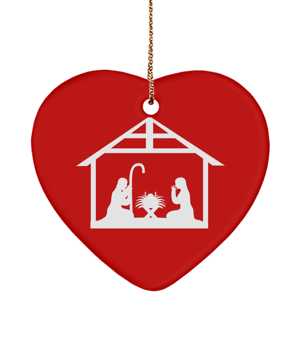 Simple Nativity Scene Silhouette Heart Ornament, Christian Christmas Tree Decor, Gift Ideas, Jesus Manger Ornaments - Red Heart Ornament