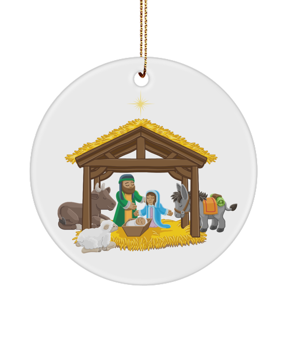 Cartoon Nativity Scene Christmas Ornament, Christian Tree Decorations, Chirstmas Gift Ideas, Jesus Manger Ornaments - Circle Ornament