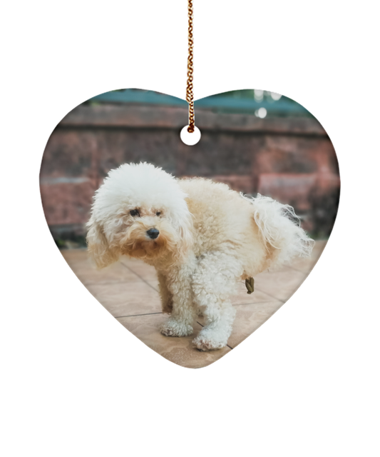 Funny Poodle Dog Pooping Ornament, Maltese Christmas Ornament, Gag gift for Dog Lover, White Elephant Gift, Secret Santa - Heart Ornament