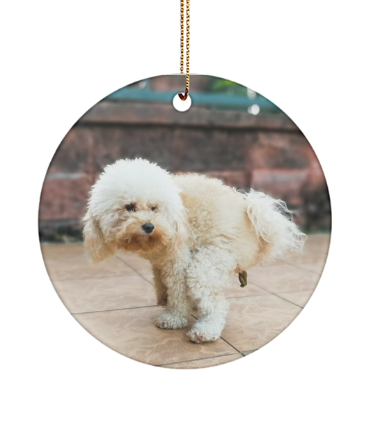 Funny Maltese Dog Pooping Ornament, Poodle Christmas Ornament, Gag gift for Dog Lover, White Elephant Gift, Secret Santa - Circle Ornament
