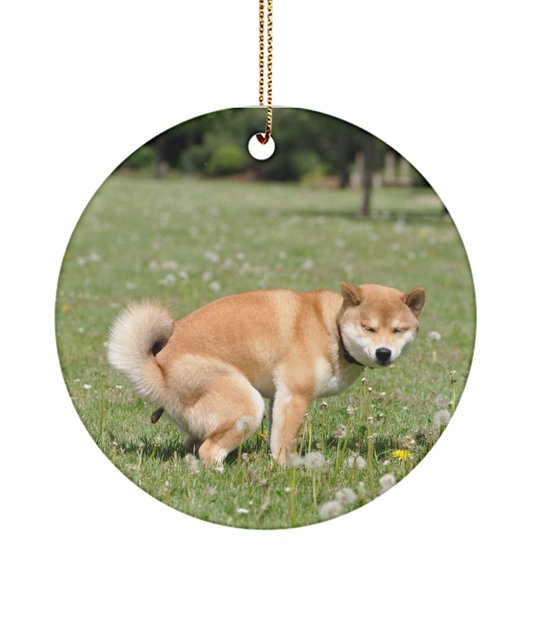 Funny Shiba Inu Dog Pooping Ornament, Funny Christmas Ornaments, Gag gift for Dog Lover, White Elephant GIft - Circle Ornament