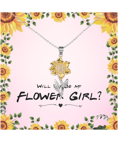 Flower Girl Proposal Gift, Will You Be My Flower Girl, Flower Girl Gift From Bride - .925 Sterling Silver Sunflower Pendant Necklace with Cute Message Card