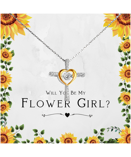 Flower Girl Proposal Gift, Will You Be My Flower Girl, Flower Girl Gift From Bride, Religious Gift - .925 Sterling Silver Cross Heart Necklace with Cute Message Card