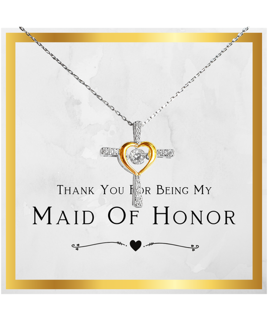 Maid Of Honor Gift, From Bride, Thank You For Being My Maid Of Honor, Day Of Wedding Gift - .925 Sterling Silver Cross Heart Necklace with Message Card