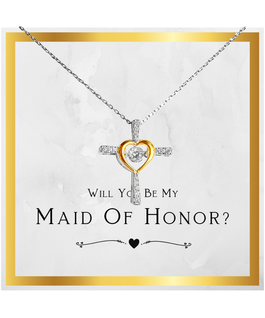 Maid Of Honor Gift, From Bride, Will You Be My Maid Of Honor, Proposal Gift - .925 Sterling Silver Cross Heart Necklace with Message Card