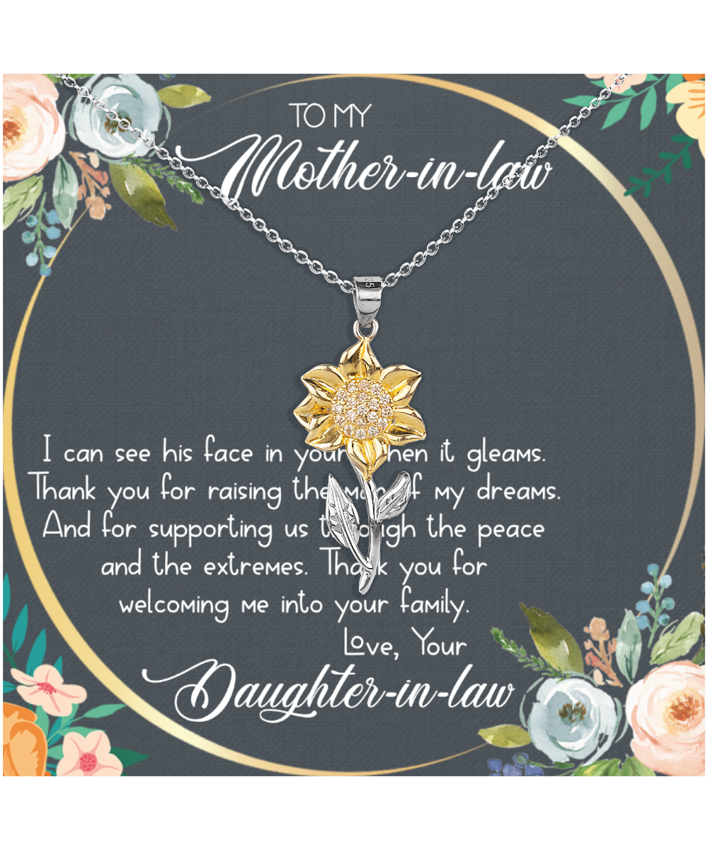 Mother In Law Wedding Gift, From Daughter In Law, Thank You For The Man Of My Dreams - .925 Sterling Silver Sunflower Pendant Necklace With Heartwarming Message Card