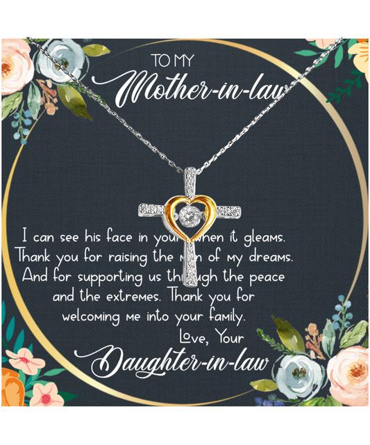 Mother In Law Wedding Gift, From Daughter In Law, Thank You For The Man Of My Dreams - .925 Sterling Silver Cross Dancing Necklace With Heartwarming Message Card