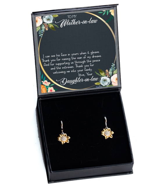 Mother In Law Wedding Gift, From Daughter In Law, Thank You For The Man Of My Dreams - .925 Sterling Silver Sunflower Earrings With Heartwarming Message Card