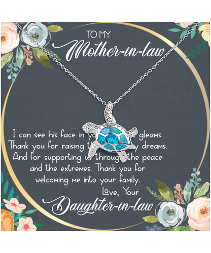 Mother In Law Wedding Gift, From Daughter In Law, Thank You For The Man Of My Dreams - .925 Sterling Silver Opal Turtle Necklace With Heartwarming Message Card