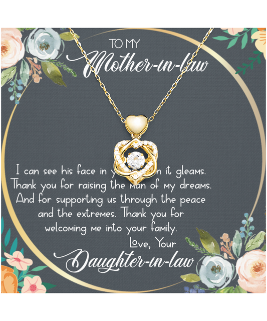 Mother In Law Wedding Gift, From Daughter In Law, Thank You For The Man Of My Dreams - Heart Knot Gold Necklace With Heartwarming Message Card