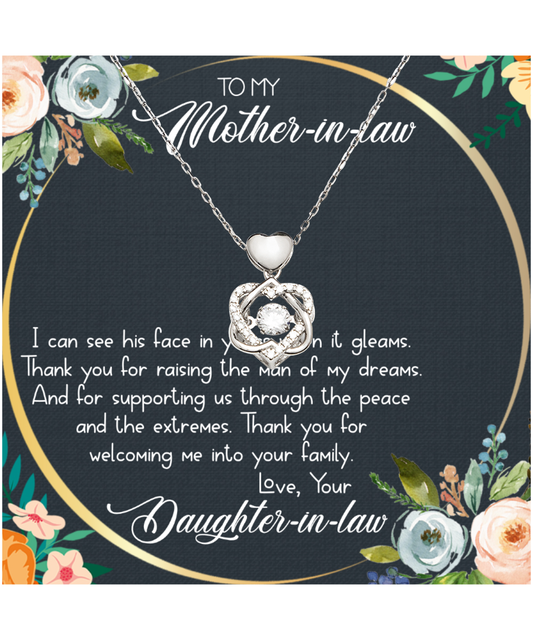 Mother In Law Wedding Gift, From Daughter In Law, Thank You For The Man Of My Dreams - .925 Sterling Silver Heart Knot Silver Necklace With Heartwarming Message Card