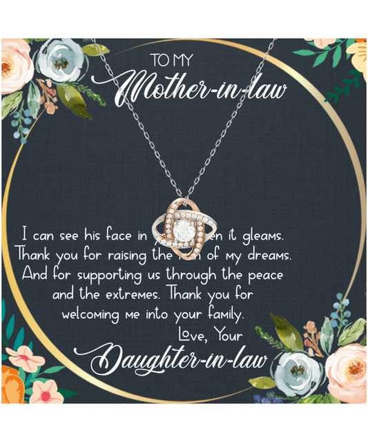 Mother In Law Wedding Gift, From Daughter In Law, Thank You For The Man Of My Dreams - .925 Sterling Silver Love Knot Rose Gold Necklace With Heartwarming Message Card