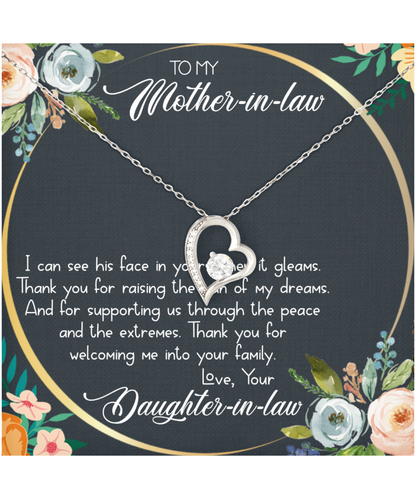 Mother In Law Wedding Gift, From Daughter In Law, Thank You For The Man Of My Dreams - .925 Sterling Silver Heart Solitaire Crystal Necklace With Heartwarming Message Card