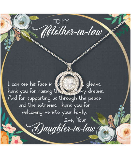 Mother In Law Wedding Gift, From Daughter In Law, Thank You For The Man Of My Dreams - .925 Sterling Silver Double Crystal Circle Necklace With Heartwarming Message Card