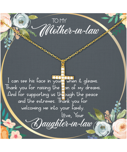 Mother In Law Wedding Gift, From Daughter In Law, Thank You For The Man Of My Dreams - Crystal Gold Cross Necklace With Heartwarming Message Card