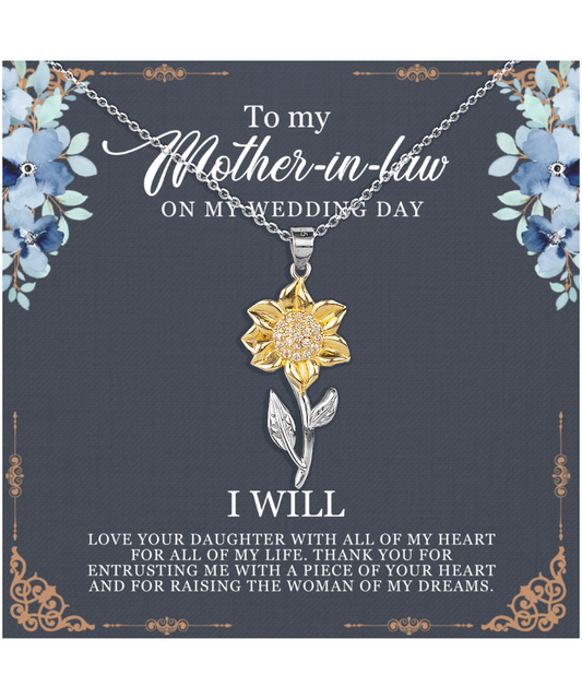 Mother-In-Law Wedding Gift From Groom, From Son-In-Law, I Will Love Your Daughter - .925 Sterling Silver Sunflower Pendant Necklace With Thoughtful Message Card