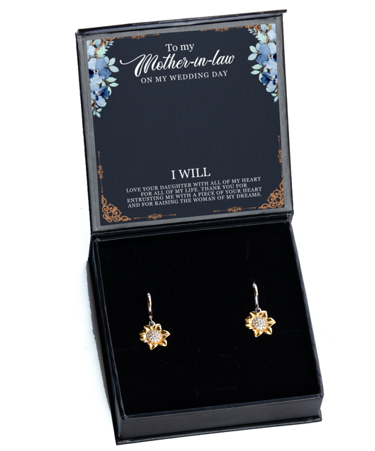 Mother-In-Law Wedding Gift From Groom, From Son-In-Law, I Will Love Your Daughter - .925 Sterling Silver Sunflower Earrings With Thoughtful Message Card