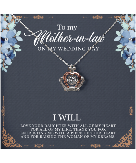 Mother-In-Law Wedding Gift From Groom, From Son-In-Law, I Will Love Your Daughter - .925 Sterling Silver Crown Pendant Necklace With Thoughtful Message Card