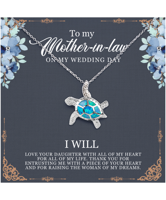 Mother-In-Law Wedding Gift From Groom, From Son-In-Law, I Will Love Your Daughter - .925 Sterling Silver Opal Turtle Necklace With Thoughtful Message Card