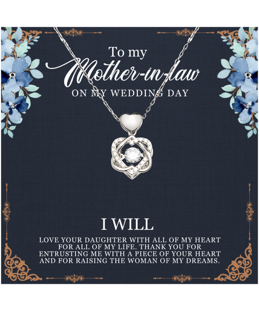 Mother-In-Law Wedding Gift From Groom, From Son-In-Law, I Will Love Your Daughter - .925 Sterling Silver Heart Knot Silver Necklace With Thoughtful Message Card