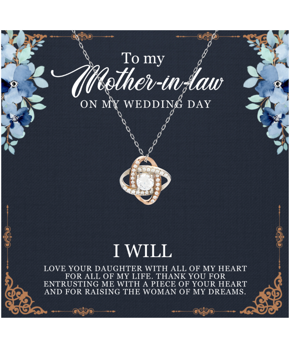 Mother-In-Law Wedding Gift From Groom, From Son-In-Law, I Will Love Your Daughter - .925 Sterling Silver Love Knot Rose Gold Necklace With Thoughtful Message Card