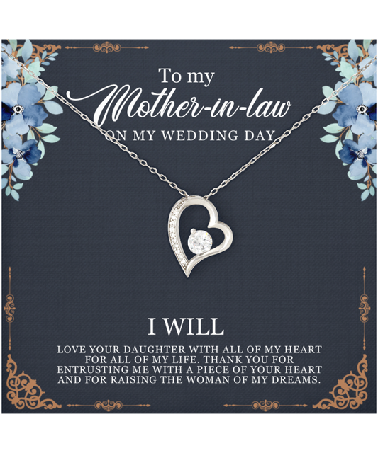 Mother-In-Law Wedding Gift From Groom, From Son-In-Law, I Will Love Your Daughter - .925 Sterling Silver Heart Solitaire Crystal Necklace With Thoughtful Message Card