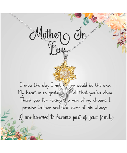 Gift For Mother In Law, From Daughter In Law, Grateful To Be Part Of The Family - .925 Sterling Silver Sunflower Pendant Necklace With Thank You Message Card